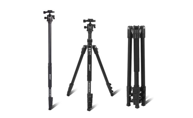 JMARY KT325-NB30 1.6m Aluminum Alloy Cell Phone Tripod Stand for SLR, Action Camera Rotating Portable Tripod Holder - Black